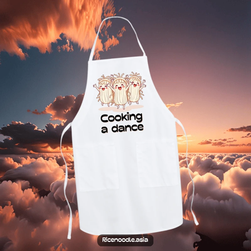 Funny Apron: Cheerful rice noodles perform a synchronized dance with exaggerated arm movements, a design for fun cooking.
