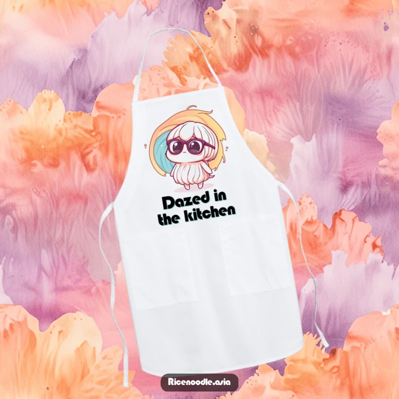 Funny Apron: A rice noodle character in big glasses looks confused at a swirling vortex, a design for cooks facing chaos.