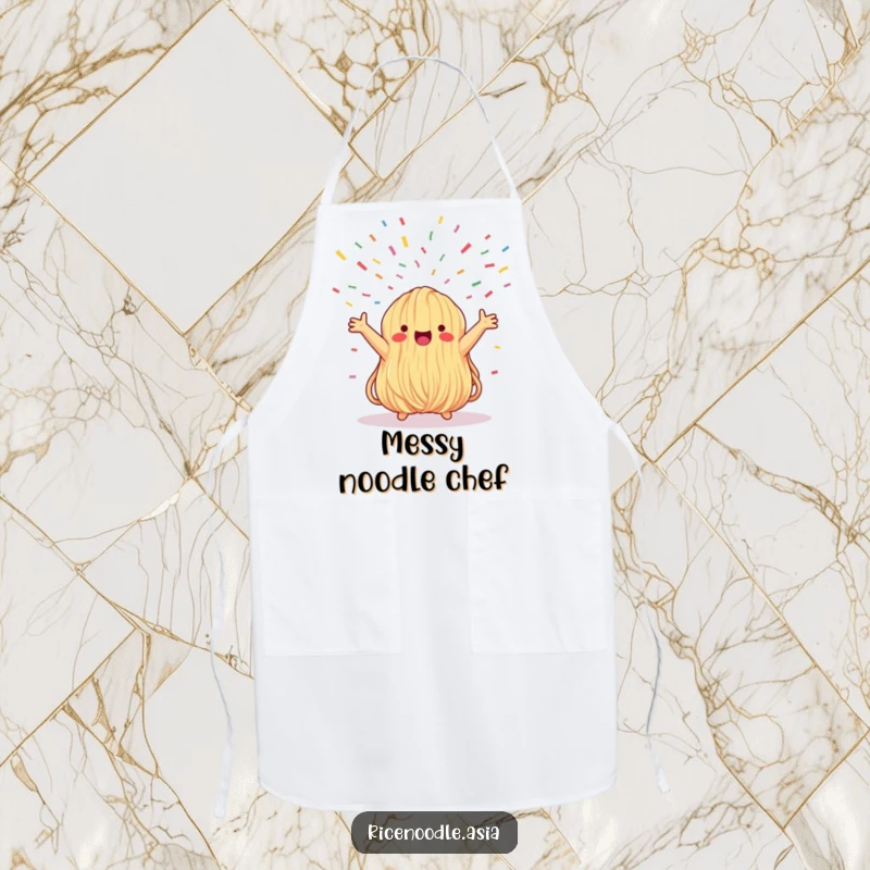 Funny apron depicting a whimsical noodle bundle with arms open wide, enjoying a shower of confetti, perfect for the cheerful home cook.