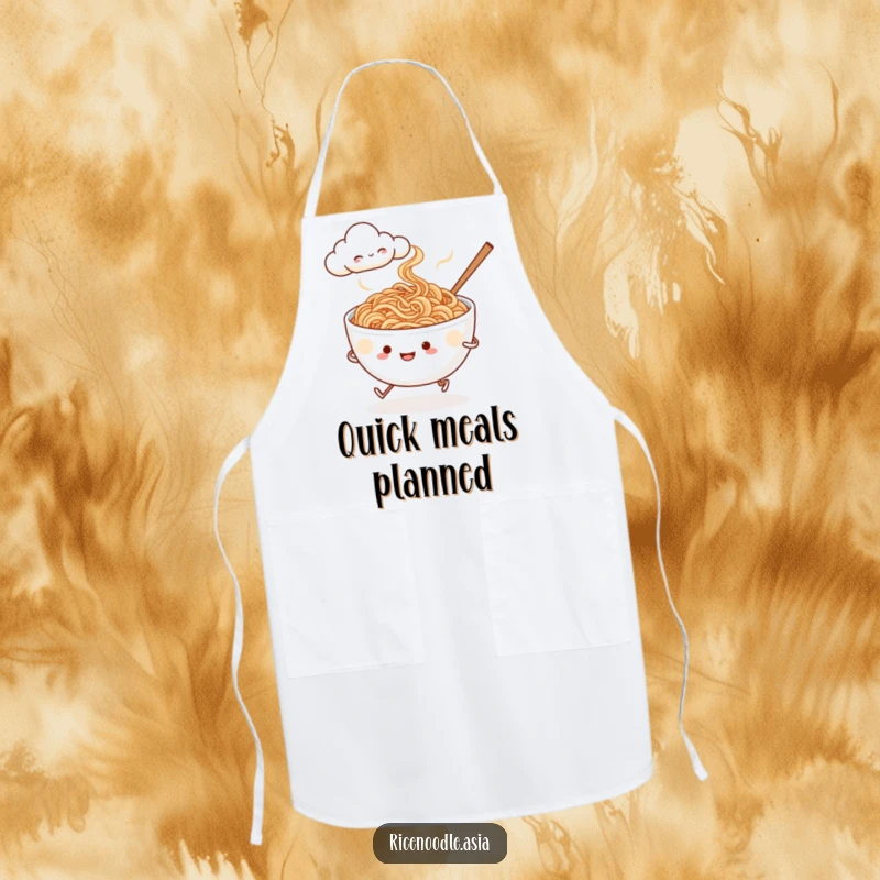 Funny noodle runner apron, kitchen accessory depicting a steaming rice noodle bowl with tiny legs jogging past a smiling cloud.