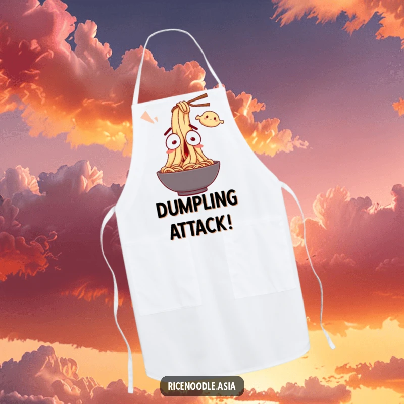 Funny Apron: A noodle character with wide eyes, comically startled by a flying dumpling, ideal for humorous kitchen tasks.