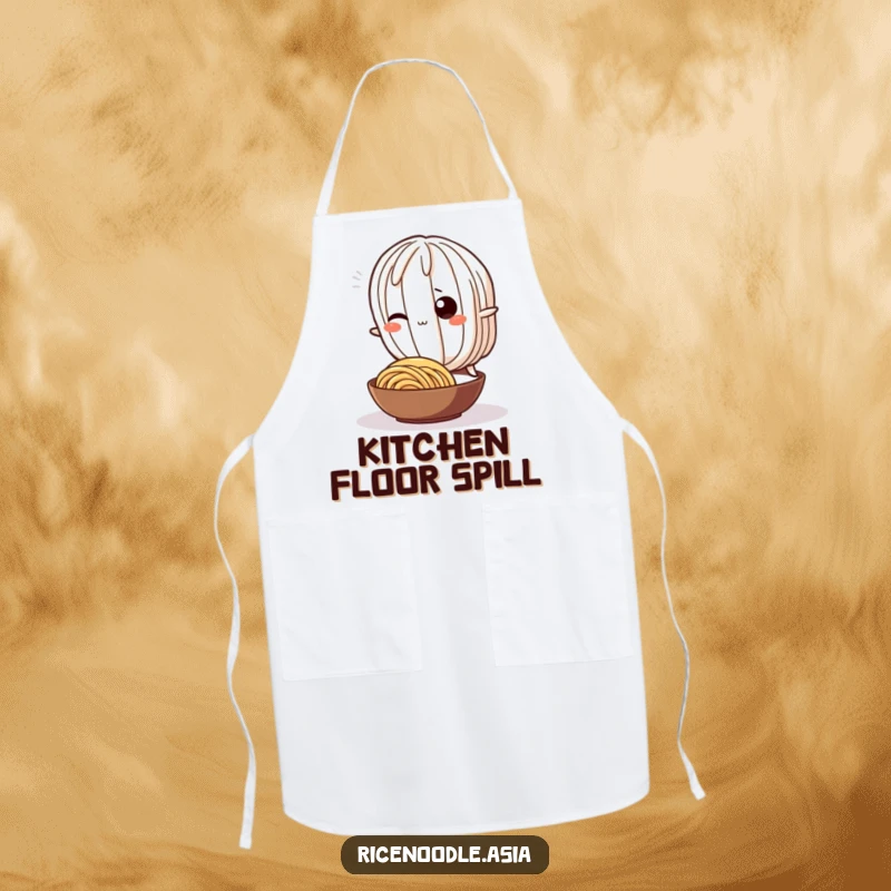 Funny Apron: A wiggling rice noodle character playfully tripping over a smaller noodle, ideal for humorous kitchen activities.