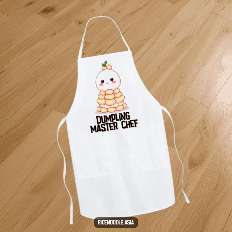 Funny apron depicting a grinning rice ball character balancing a huge stack of dumplings, perfect for the daring chef.
