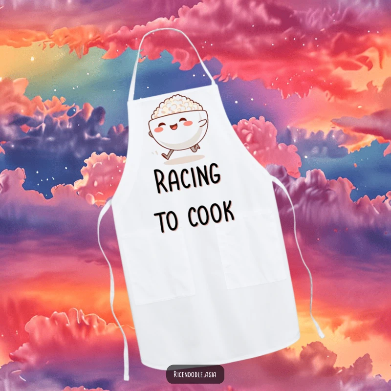 Funny Sprinting Rice Bowl Apron: A smiling rice bowl with legs sprints, trailing steam, a funny and protective apron for cooks.