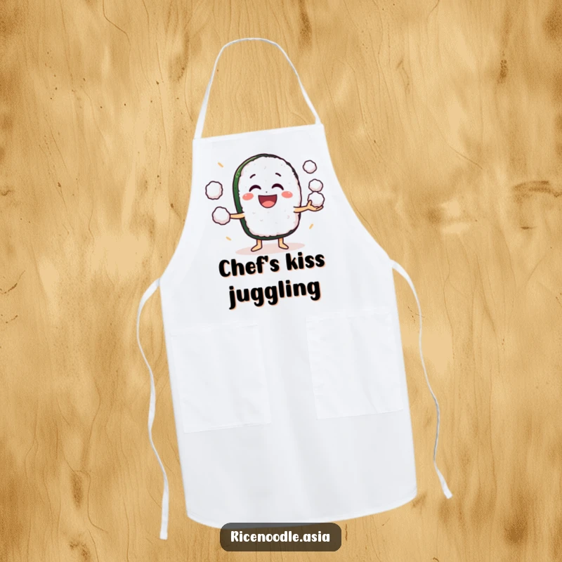 Funny Apron: A grinning sushi roll character enthusiastically juggling small rice balls, ideal for humorous cooking sessions.