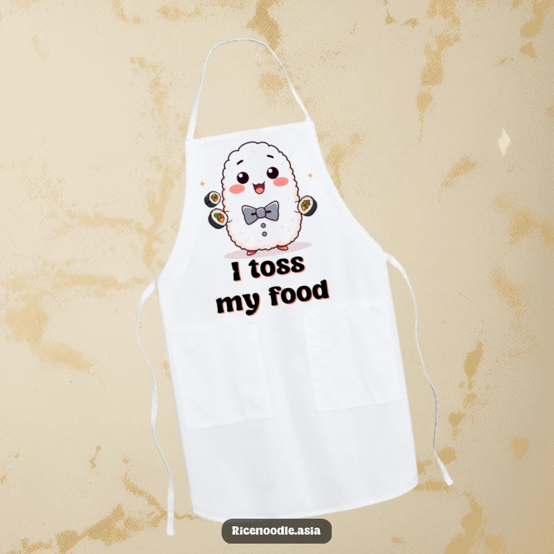 Funny sushi rice apron, kitchen accessory depicting a playful sticky rice ball wearing a bow tie, juggling mini sushi rolls.