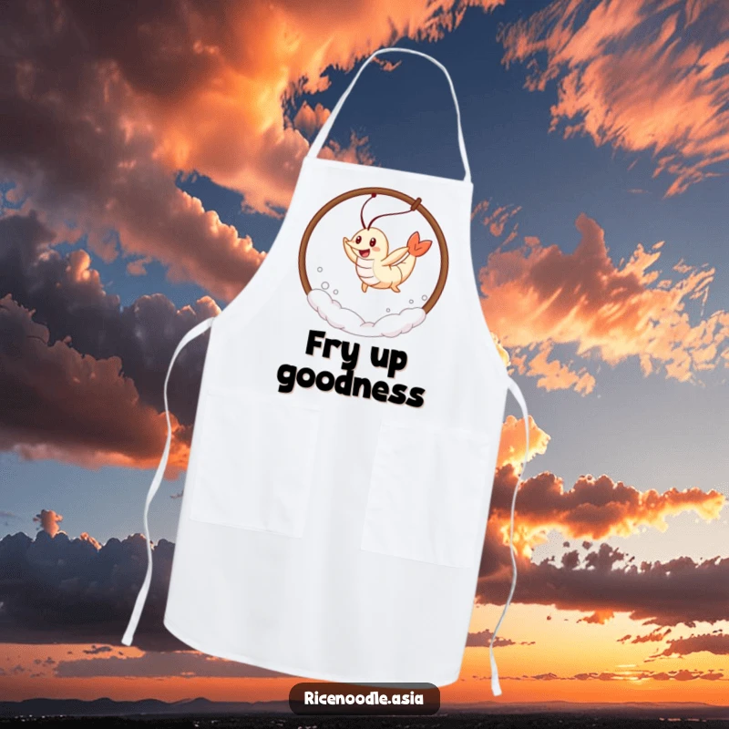 Funny Tempura Shrimp Apron showing a cheerful tempura shrimp leaping through steam, perfect for a humorous and energetic cooking experience.