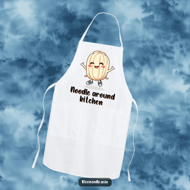 Funny Udon Noodle Apron showing a bouncing cartoon noodle wearing tiny shoes and a silly grin, perfect for a humorous cooking experience.