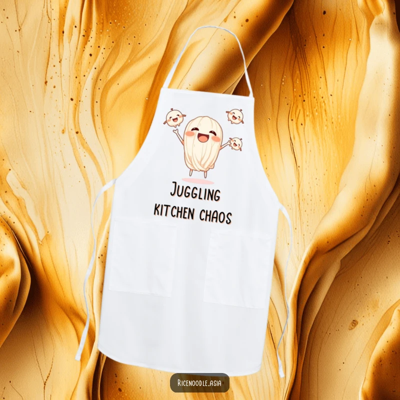 Funny kitchen apron design featuring a laughing rice noodle juggling three tiny noodles.