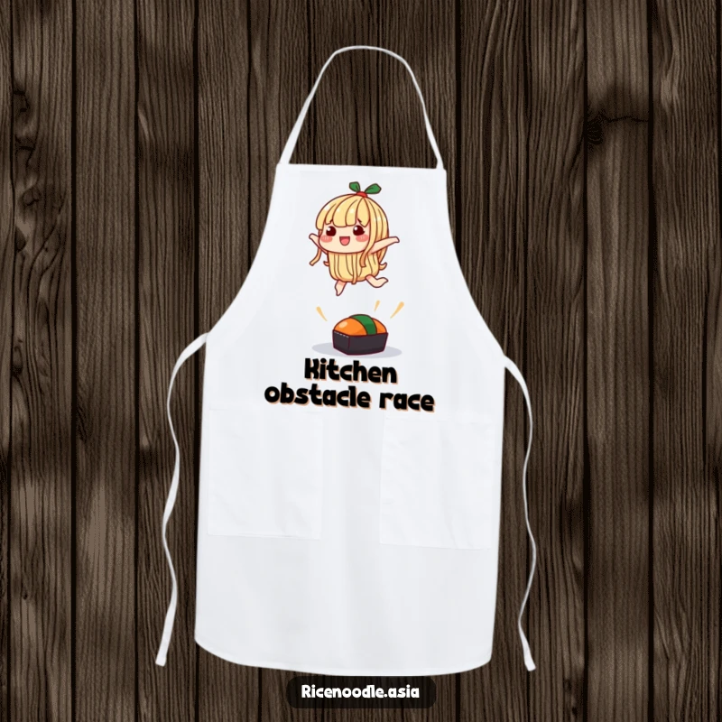 Funny Apron: A noodle character attempting a silly jump over a small sushi, ideal for humorous kitchen tasks.