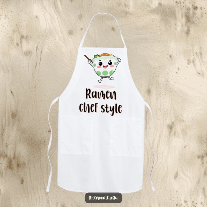 Funny apron depicting a happy ramen bowl character doing a joyful skip, chopsticks used as arms, perfect for the enthusiastic cook.