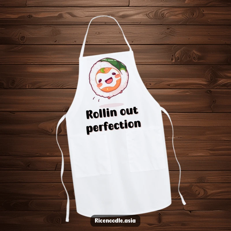 Funny Sushi Roll Apron showing a wiggling sushi roll doing a cartwheel, perfect for a humorous and energetic cooking experience.