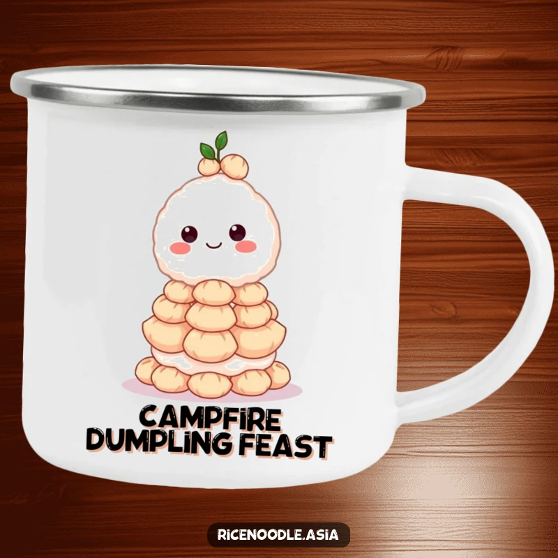 Funny camping mug showing a grinning rice ball character balancing a towering stack of dumplings, ready for outdoor dining and laughter.