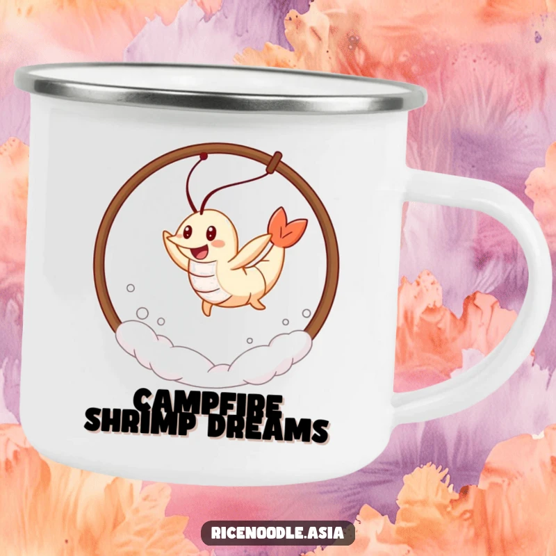 Funny Tempura Shrimp Camping Mug featuring a cheerful tempura shrimp leaping through steam, perfect for outdoor enthusiasts who love a laugh.