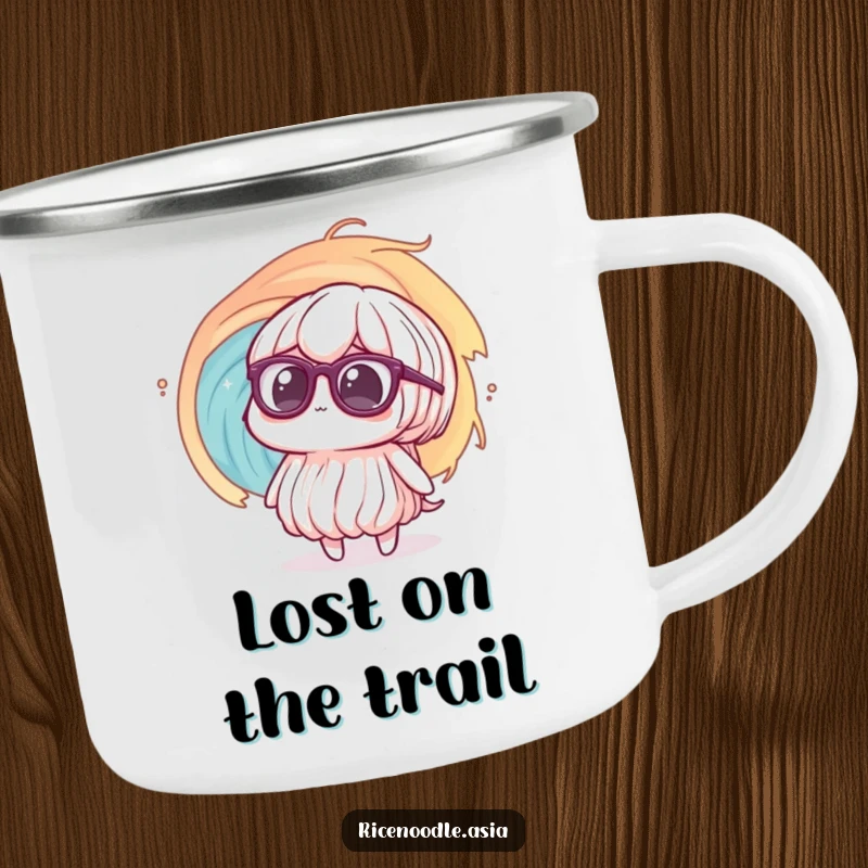 Funny Camping Mug: A rice noodle in big glasses looks confused at a swirling vortex, a companion for contemplating the unknown.