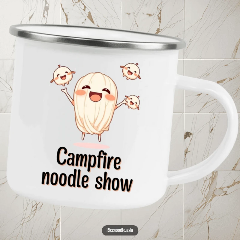 Funny camping mug depicting a happy rice noodle juggling three smaller, smiling noodle characters.
