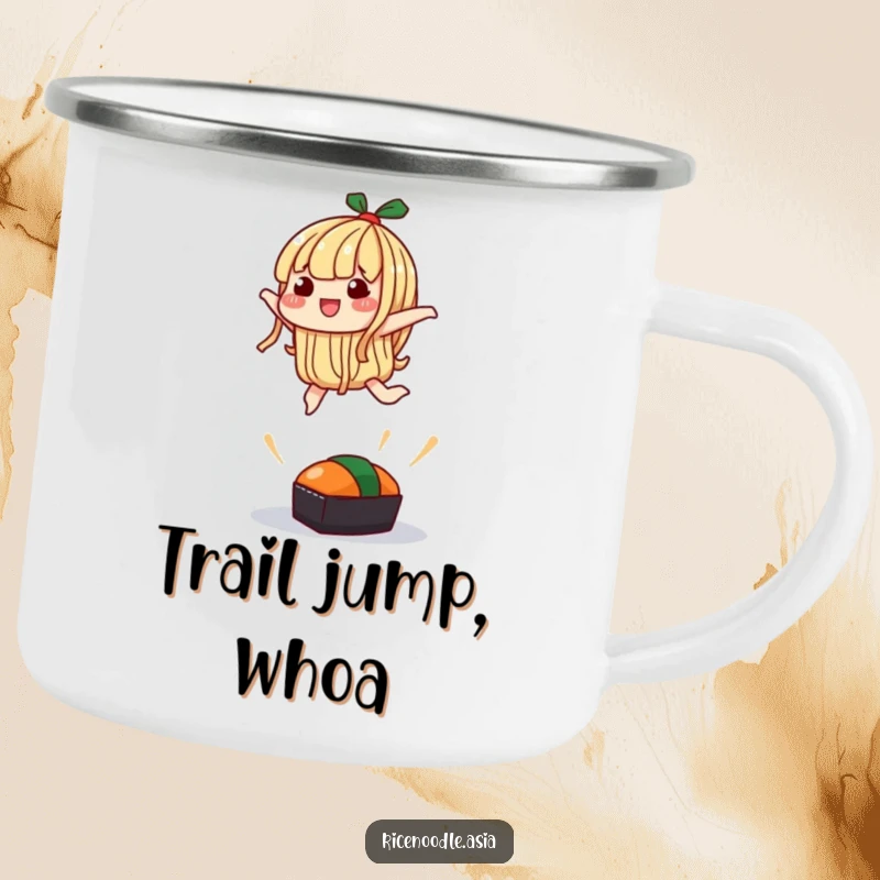 Funny Camping Mug: A noodle character attempting a silly jump over a small sushi, rugged and humorous.