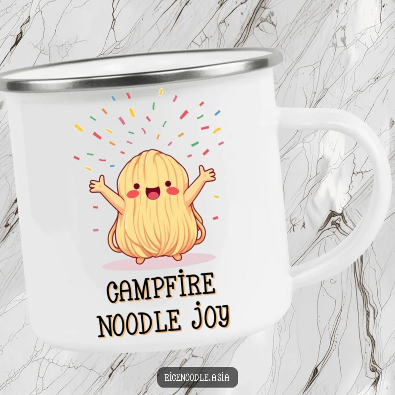 Funny camping mug illustrating a whimsical noodle bundle with arms outstretched, bathed in confetti, ready for outdoor enjoyment and laughter.