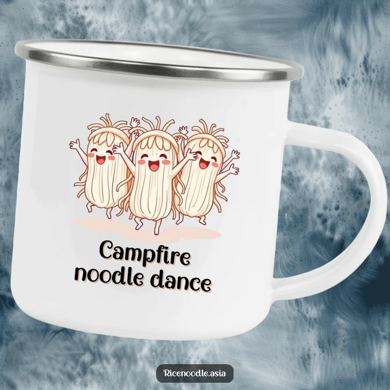 Funny Camping Mug: Cheerful rice noodles dance in unison with exaggerated arm movements, a fun companion for outdoor enjoyment.