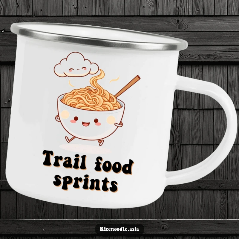 Funny noodle jogger camping mug, steaming rice noodles with tiny legs jogging past a smiling cloud, perfect for outdoor meals.