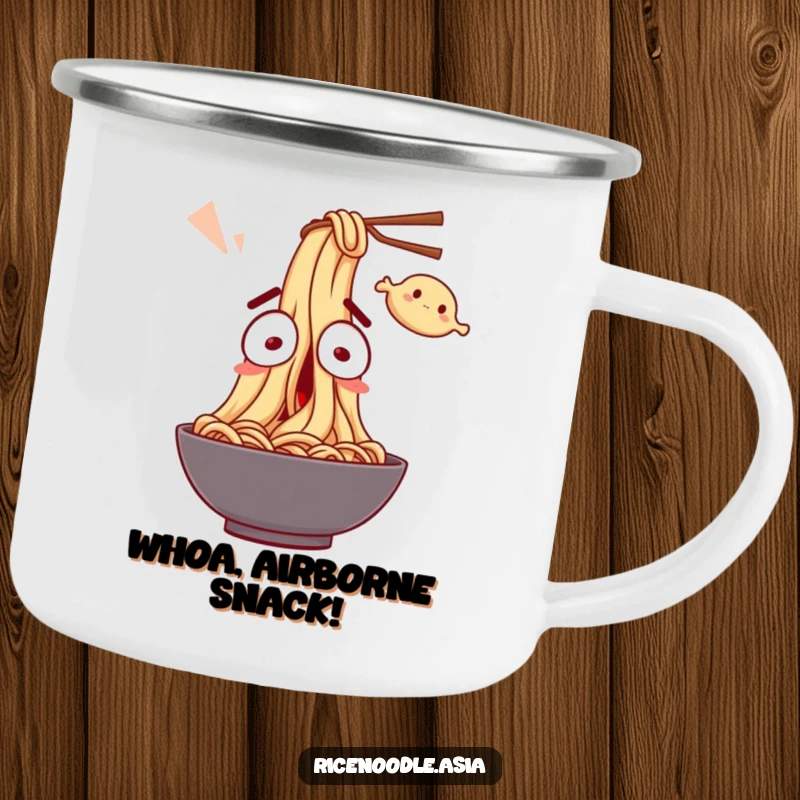 Funny Camping Mug: A noodle character with wide eyes, comically startled by a flying dumpling, rugged and humorous.