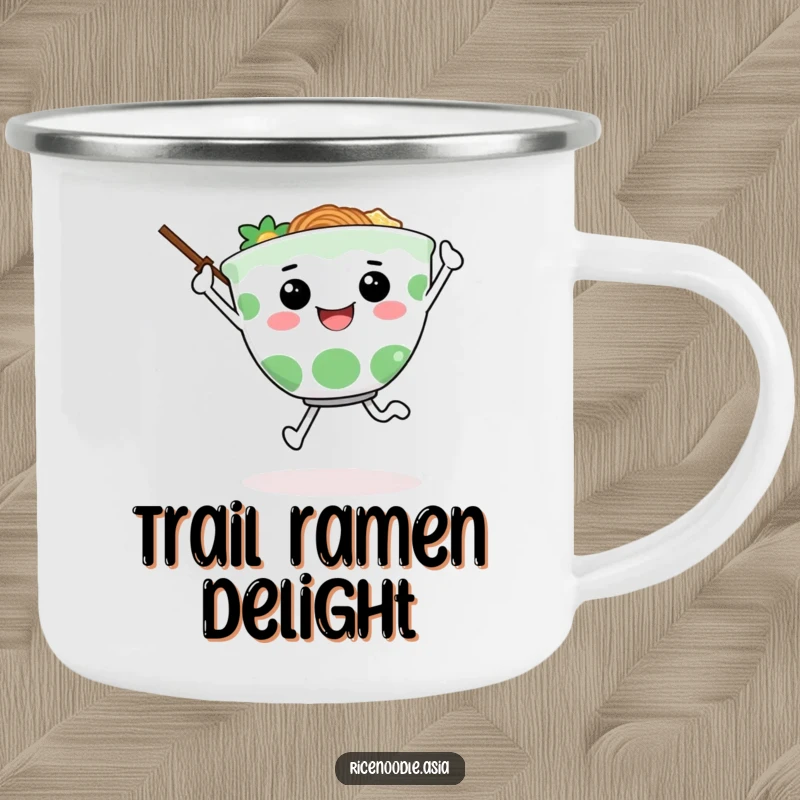 Funny camping mug showing a happy ramen bowl character joyfully skipping, chopsticks as arms, ready for outdoor enjoyment and laughter.