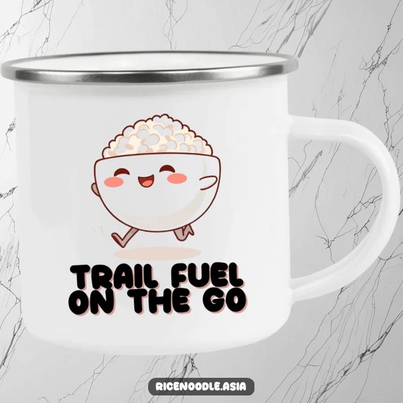Funny Sprinting Rice Bowl Camping Mug: A smiling rice bowl with legs sprints, trailing steam on an enamel mug, ideal for funny foodie adventures.