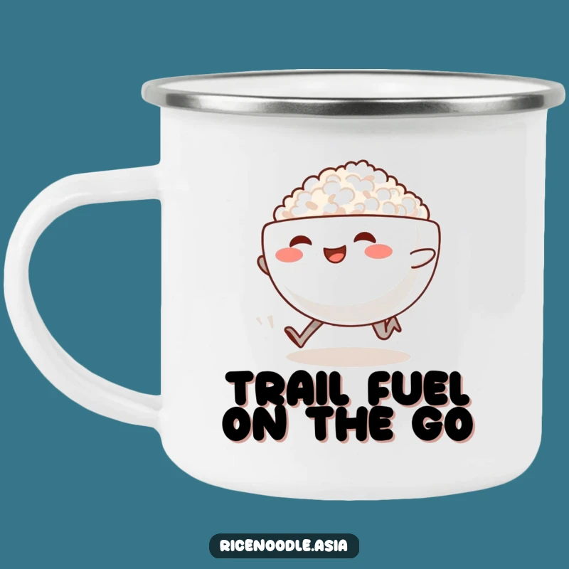 Funny Sprinting Rice Bowl Camping Mug - Enamel Steaming Cup, Foodie Outdoor Gift