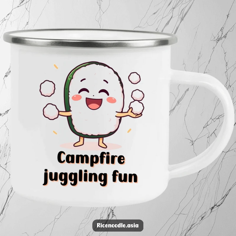 Funny Camping Mug: A grinning sushi roll character energetically juggling small rice balls, rugged and humorous.
