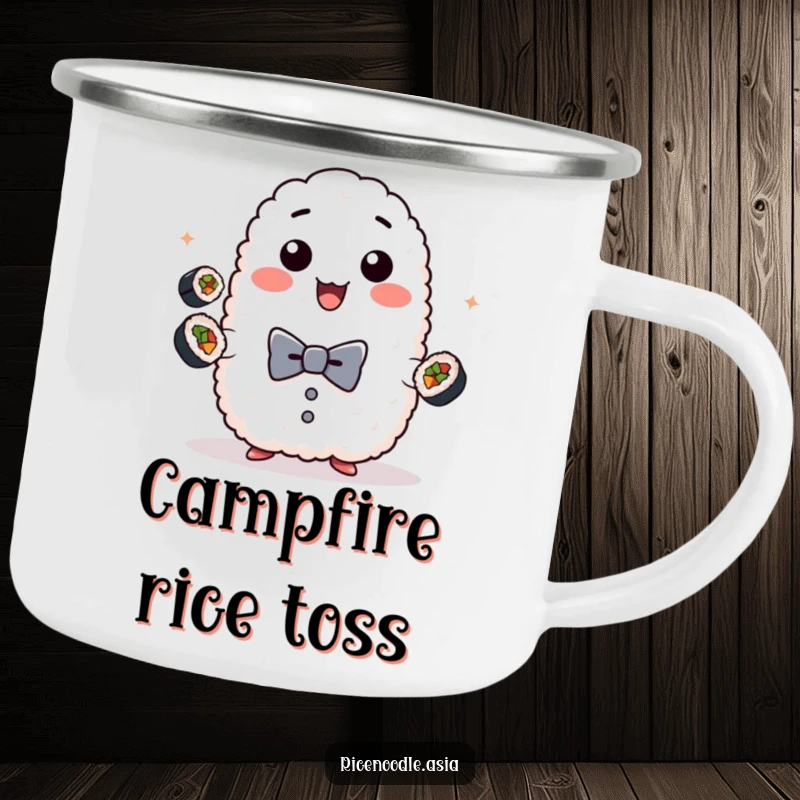 Funny sushi rice camping mug, playful sticky rice ball in a bow tie juggling mini sushi rolls, perfect for outdoor dining.