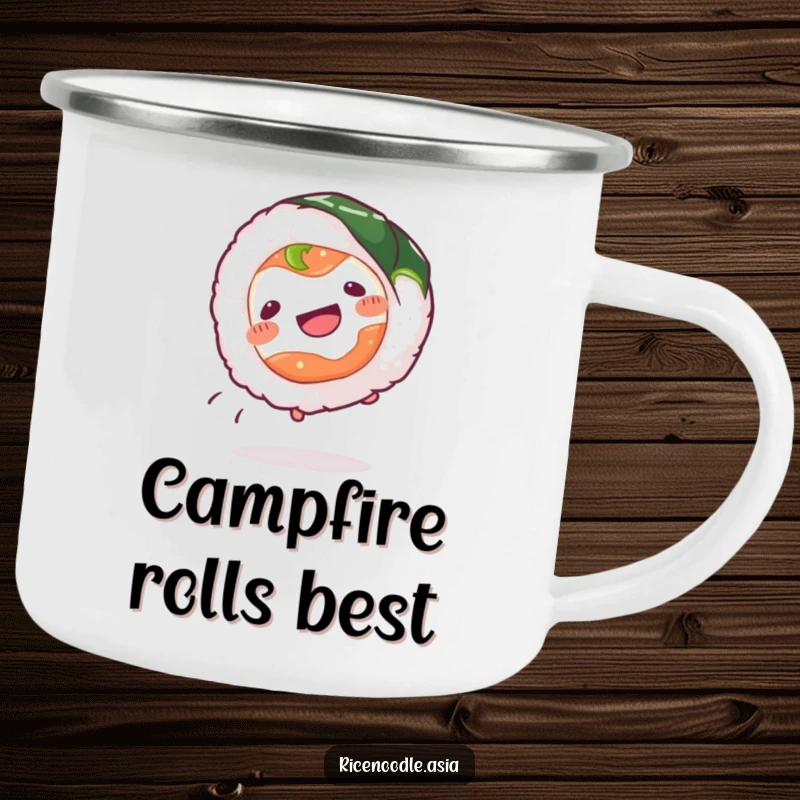 Funny Sushi Roll Camping Mug featuring a wiggling sushi roll doing a cartwheel, perfect for outdoor enthusiasts who love a laugh.