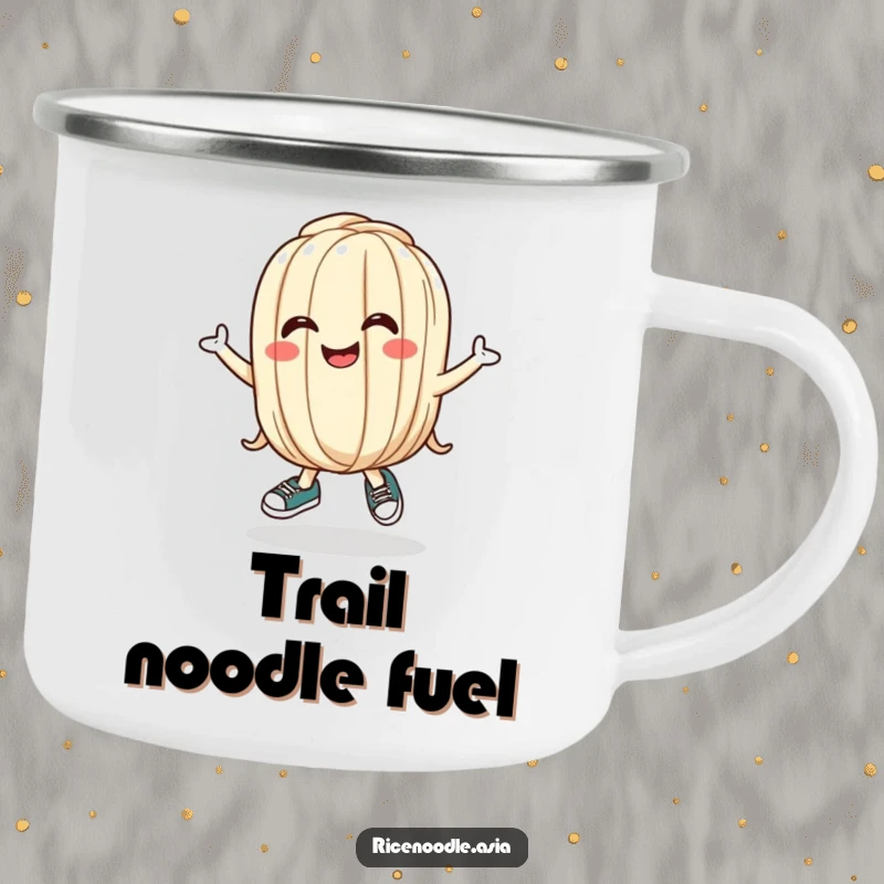 Funny Udon Noodle Camping Mug showing a bouncing cartoon noodle wearing tiny shoes and a silly grin, perfect for outdoor enthusiasts.