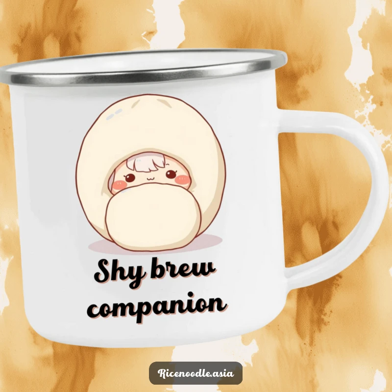 Funny camping mug with a shy rice noodle hiding behind a dumpling, perfect for outdoor laughs.