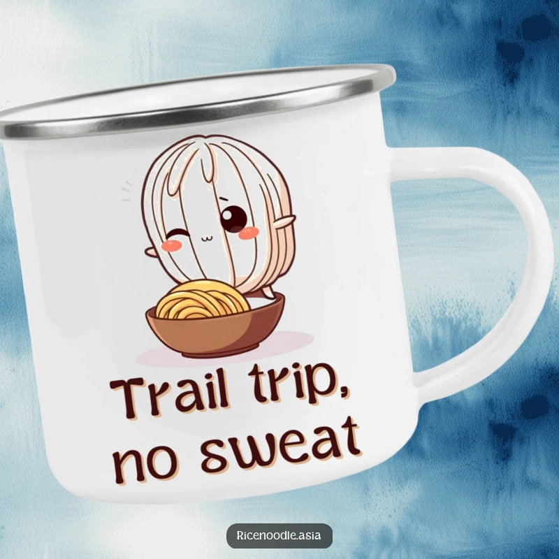 Funny Camping Mug: A wiggling rice noodle character playfully tripping over a smaller noodle, rugged and humorous.