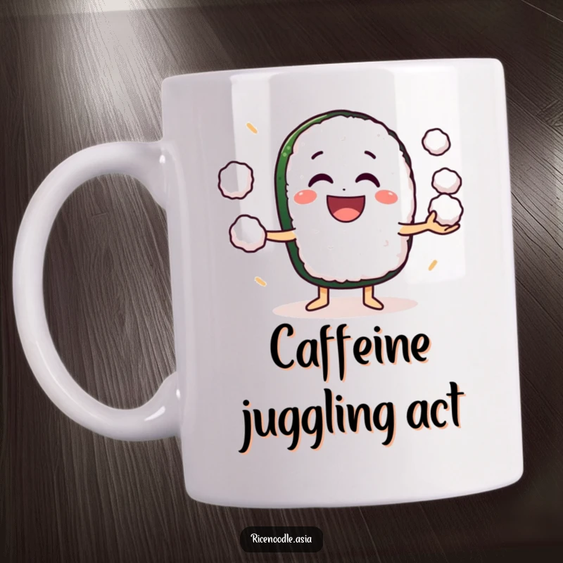 Funny Mug: A grinning sushi roll character showing excitement while juggling small rice balls, a delightful food character.