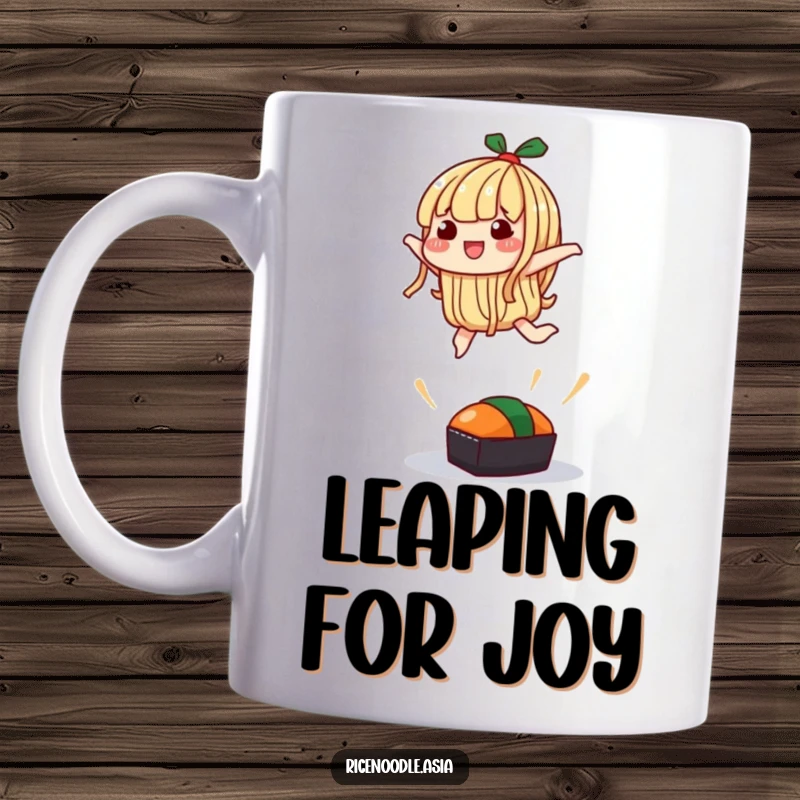 Funny Mug: A leaping noodle character attempting a silly jump over a small sushi, showcasing energetic silliness.