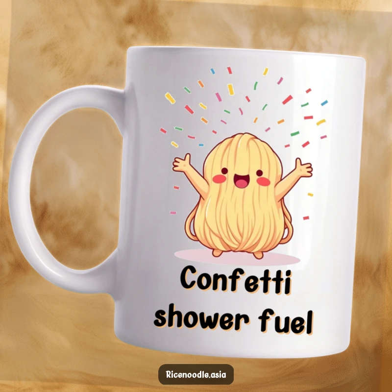 Funny mug featuring a whimsical noodle bundle with arms outstretched, joyfully looking up at a confetti shower, celebrating good times.