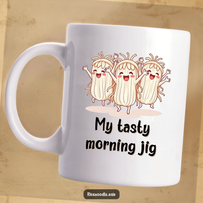 Funny Mug: Cheerful rice noodles perform a synchronized dance with exaggerated arm movements, bringing joy and laughter to your coffee.