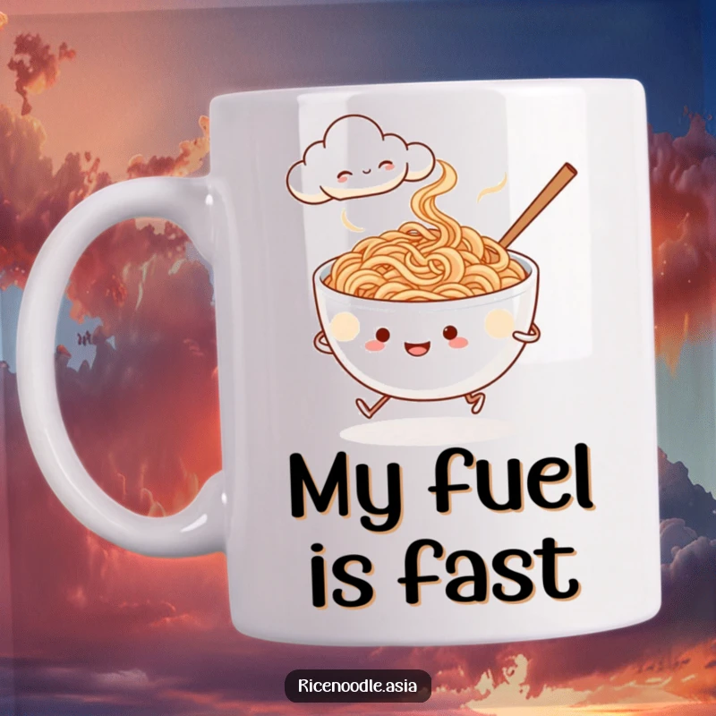 Funny noodle jogger mug, a steaming bowl of rice noodles with tiny legs happily running past a smiling cloud.
