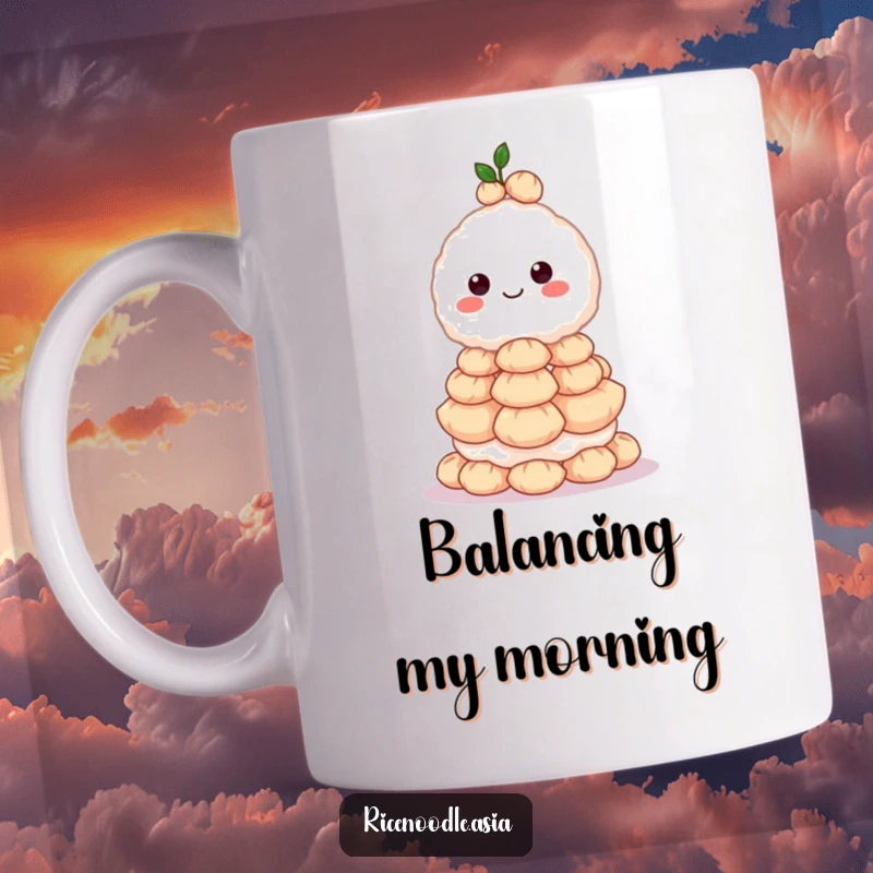 Funny mug featuring a grinning rice ball character precariously balancing a towering stack of tiny dumplings, showcasing impressive skill.