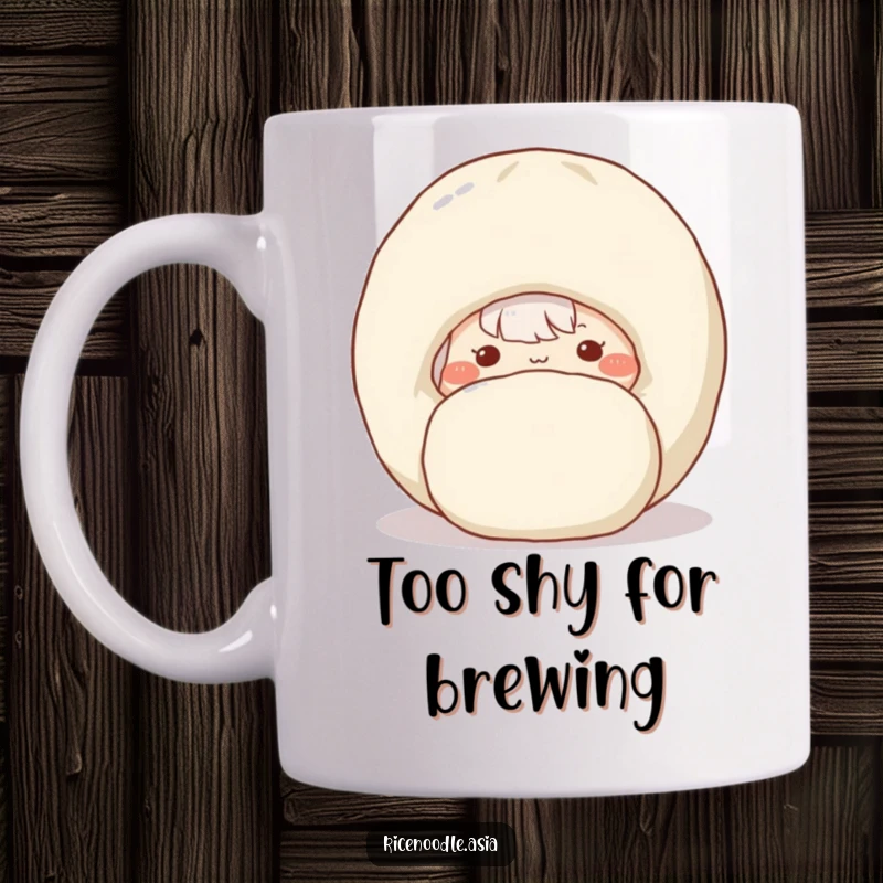 Funny mug showcasing a shy rice noodle with rosy cheeks peeking from behind a large, smiling dumpling.