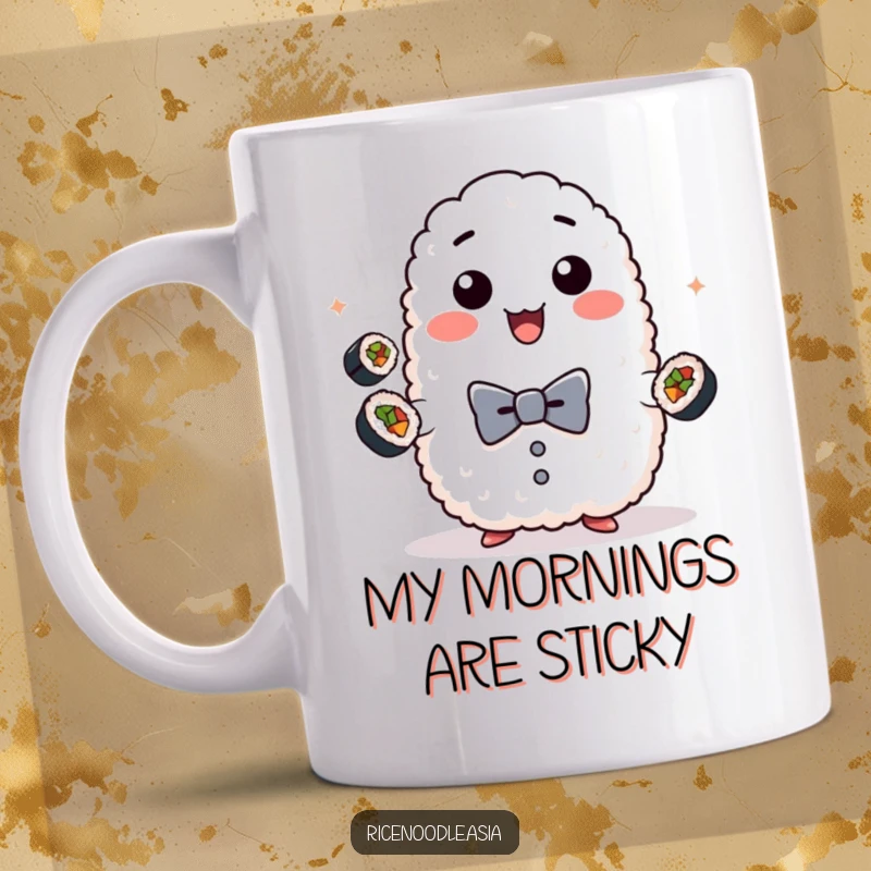 Funny sushi juggling rice mug, a playful lump of sticky rice in a bow tie, juggling mini sushi rolls with a smile.