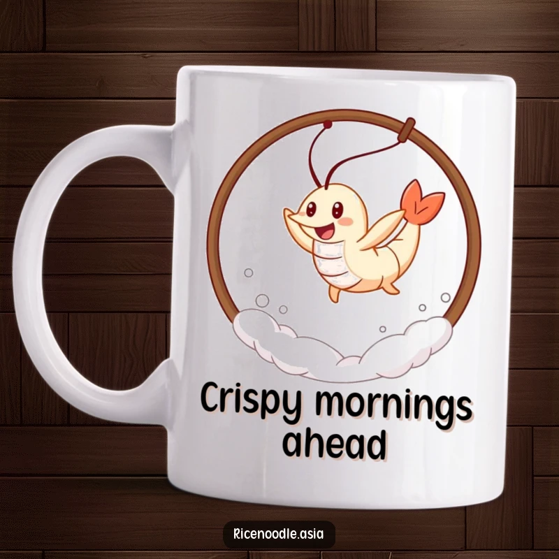 Funny Tempura Shrimp Mug depicting a cheerful tempura shrimp leaping through a hoop of steam, full of energy and fun.