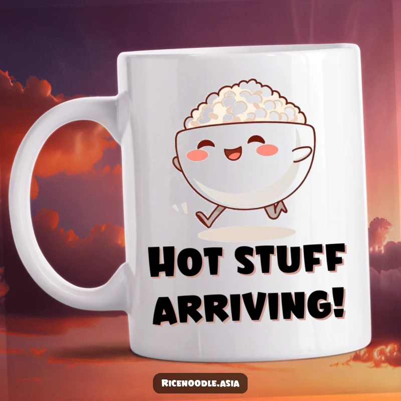 Funny Sprinting Rice Bowl Mug: A smiling rice bowl with legs sprints, leaving steam, a funny and energetic food design.