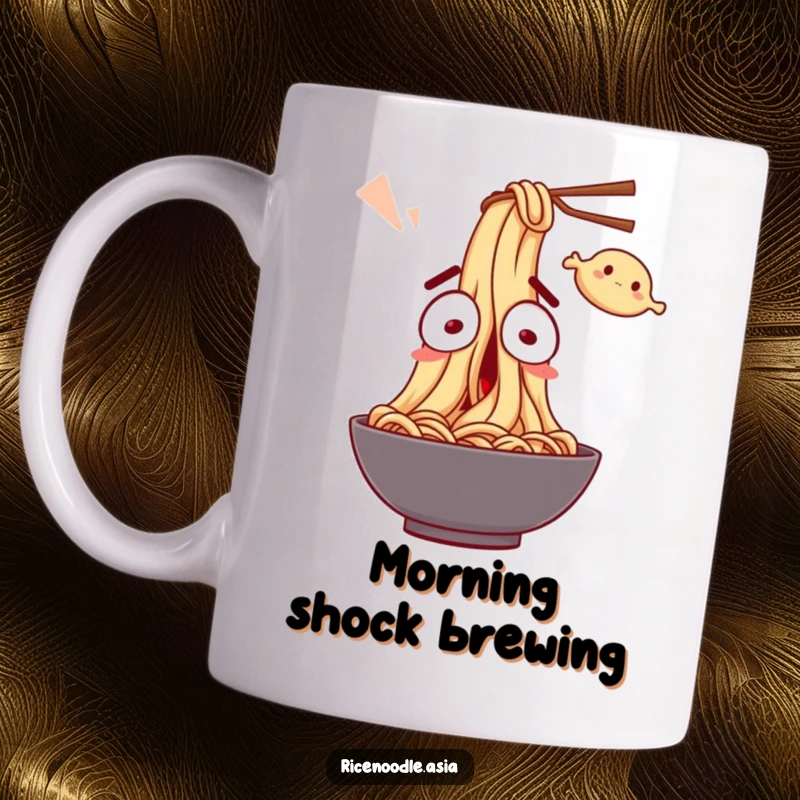 Funny Mug: A surprised noodle character with wide eyes, comically startled by a fast-flying dumpling, expressing shock.