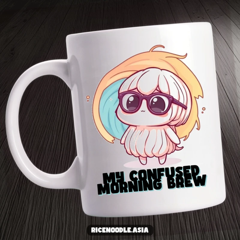 Funny Mug: A rice noodle character with oversized glasses looks utterly confused at a swirling vortex, capturing relatable panic.