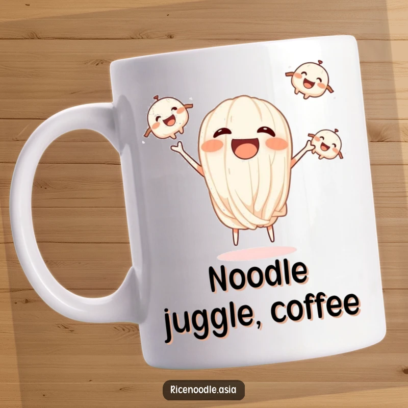 Funny mug showcasing a happy rice noodle juggling three smiling, smaller rice noodles.