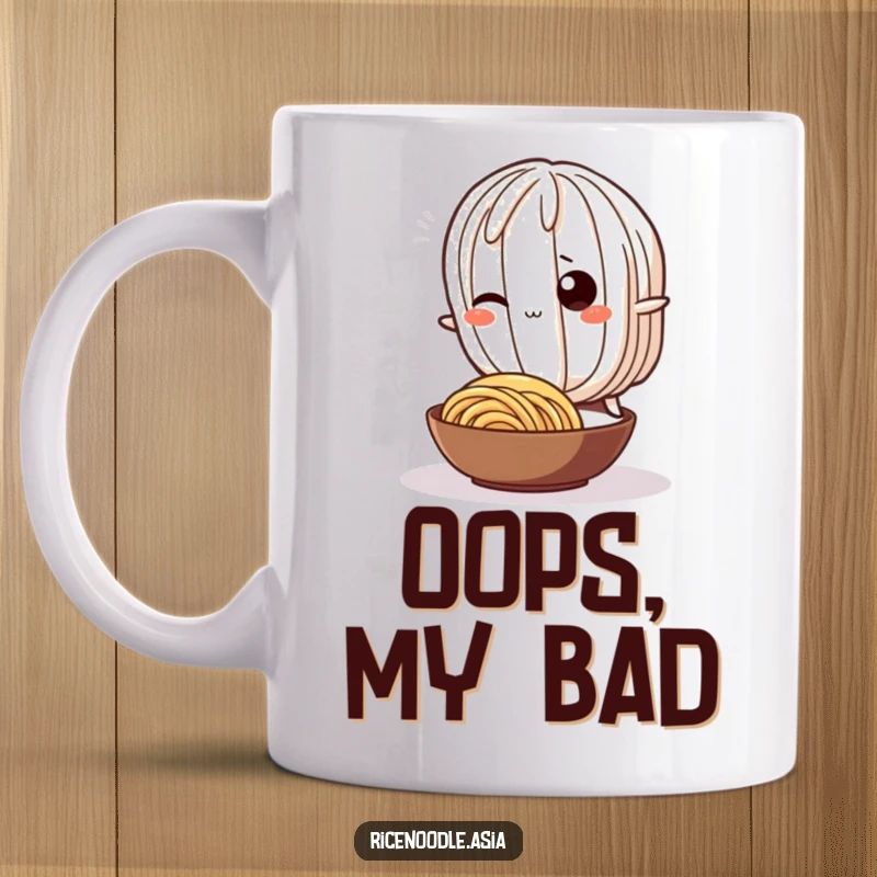 Funny Mug: A cute, wiggling rice noodle character hilariously tripping over a smaller noodle, expressing playful clumsiness.