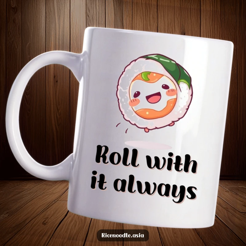 Funny Sushi Roll Mug depicting a happily wiggling sushi roll performing a cartwheel with its nori wrapper, full of playful motion.