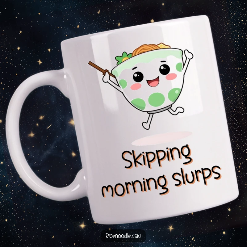 Funny mug featuring a happy ramen bowl character joyfully skipping with chopsticks as arms, radiating pure delight and enthusiasm.